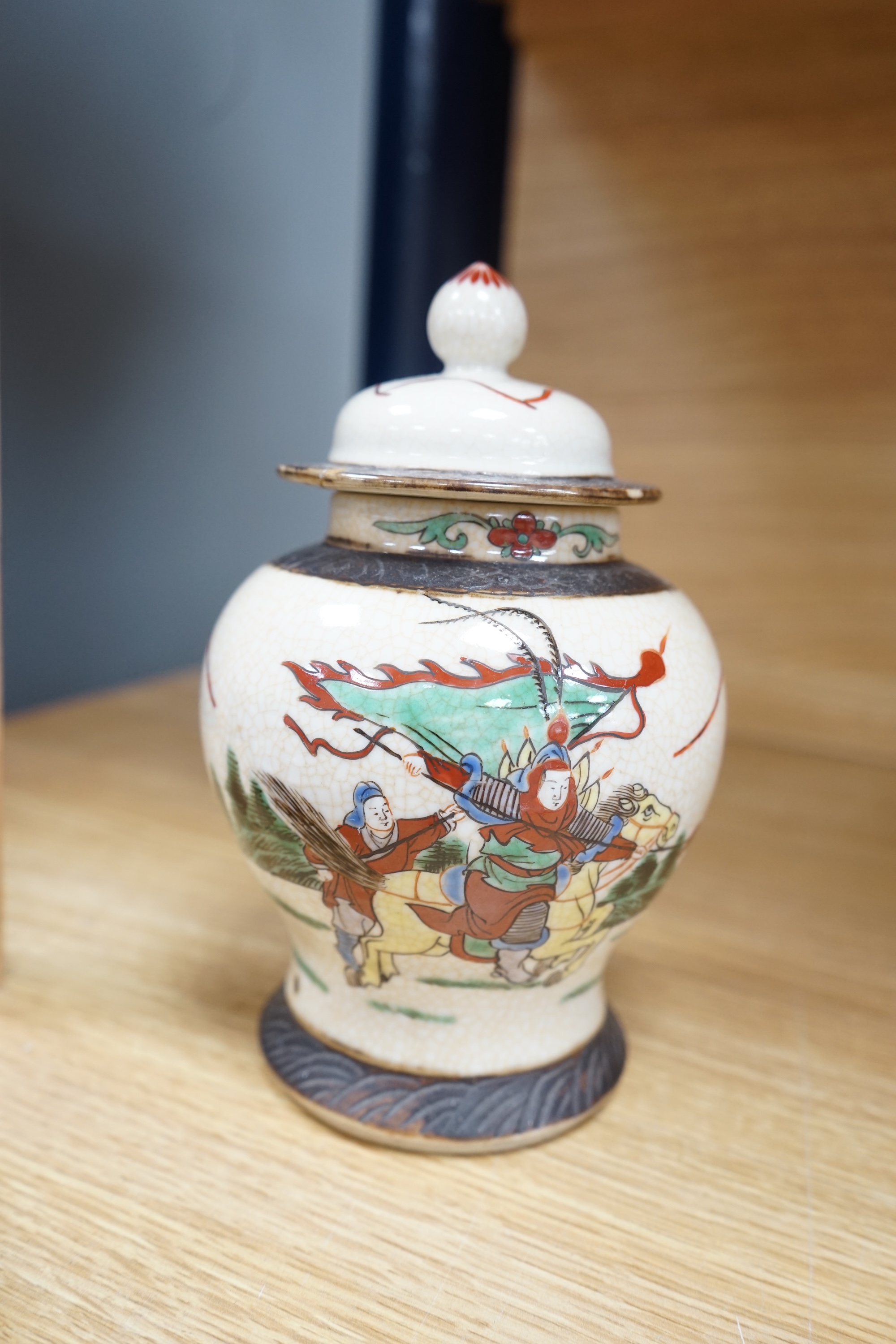 A Chinese crackle glaze bowl, vase and cover and a dish, early 20th century, largest piece 28cm diameter. Condition- fair